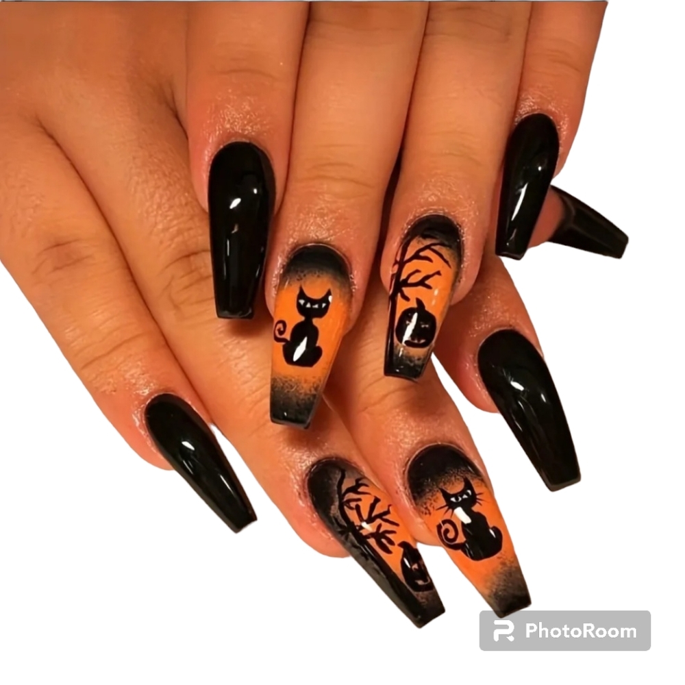 Halloween full cover false nails orange and black with spooky cat design